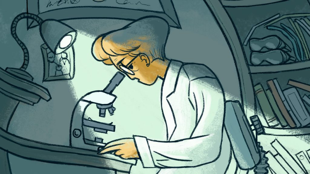 Γυναίκα επιστήμονας μπροστά στο μικροσκόπιο